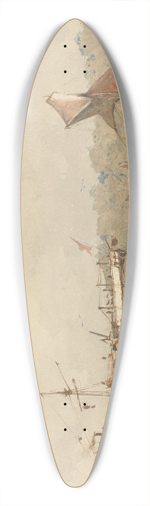Richard Henry Nibbs - A Moored Barque and Barge in a River 39.3 inch art pintail longboard deck