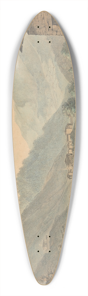 Samuel Davis - Mountainous Scene with Buildings and River 39.3 inch art pintail longboard deck