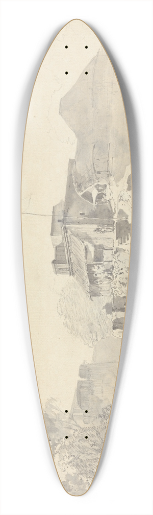 Samuel Davis - River Scene with Native Buildings 39.3 inch art pintail longboard deck