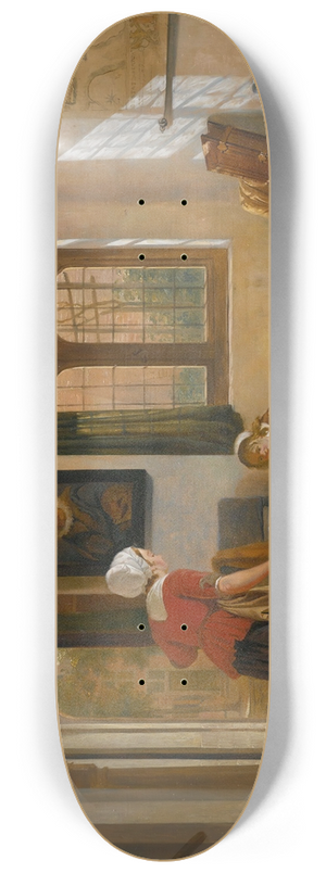 Abraham Van Strij - Interior with a maid, a girl with a dog, anda map of dordrecht 8.25 inch art skate deck