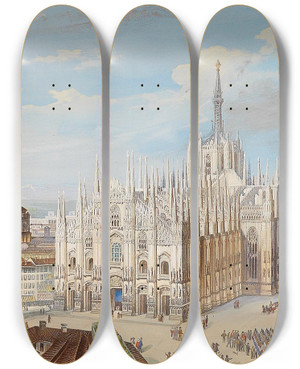Triptych art skateboard deck of Leopoldo Calvi Panorama Von Mailand_1 by Leopoldo Calvi (19-)