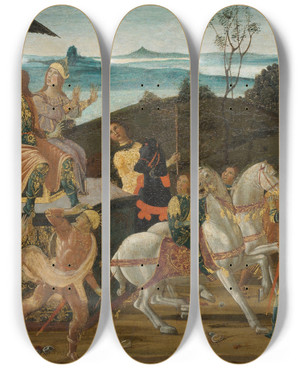 Triptych art skateboard deck of Jacopo Del Sellaio Tarquinius Priscus Entering Rome by Jacopo del Sellaio (1441-1493)