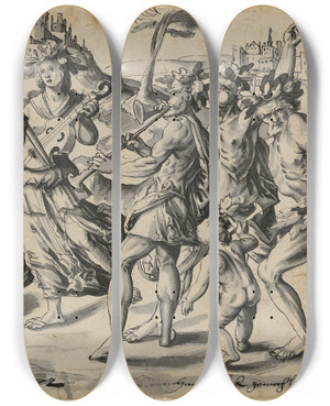 Triptych art skateboard deck of Hans Bock The Elder Triumphzug Des Bacchus by Hans Bock The Elder (1550-1624)