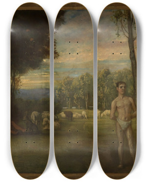 Triptych art skateboard deck of Albert Lang Der Garten Eden by Albert Lang (1847-1933)