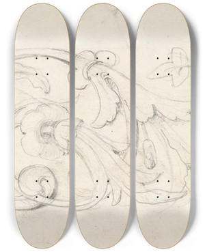 Triptych art skateboard deck of William Pitts Design For Ornamental Frieze With Shell Foliage And Satyrs Head by William Pitts (1790-1840)