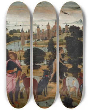 Triptych art skateboard deck of Jacopo Del Sellaio Diana Andactaeon by Jacopo del Sellaio (1441-1493)