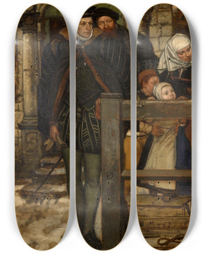 Triptych art skateboard deck of Jan August Hendrik Leys At The Town Gate by Jan August Hendrik Leys (1815-1869)
