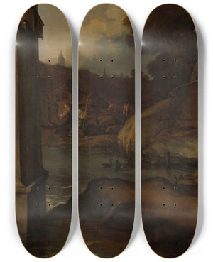 Triptych art skateboard deck of Barent Fabritius The Prodigal Son by Barent Fabritius (1624-1673)