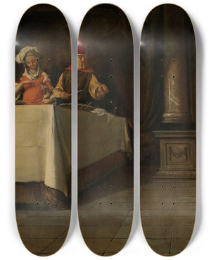 Triptych art skateboard deck of Barent Fabritius Lazarus And The Rich Man by Barent Fabritius (1624-1673)
