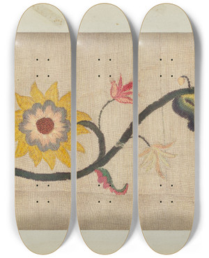 Triptych art skateboard deck of Lawrence Peterson Crewel Embroidery Border by Lawrence Peterson