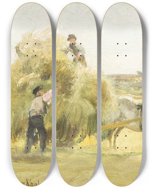 Triptych art skateboard deck of Berndt Lindholm Haymaking by Berndt Lindholm (1841-1914)