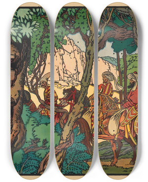 Triptych art skateboard deck of Ivan Bilibin The Hunt by Ivan Bilibin (1876-1942)