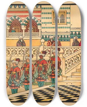 Triptych art skateboard deck of Ivan Bilibin Arabian Nights by Ivan Bilibin (1876-1942)