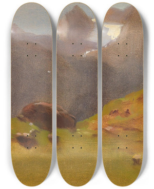 Triptych art skateboard deck of Eugen Jettel A Mountain Pasture by Eugen Jettel (1845-1901)