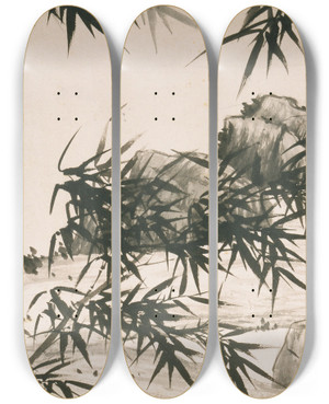Triptych art skateboard deck of Xia Chang Bamboo Under Spring Rain by Xia Chang (1388-1470)