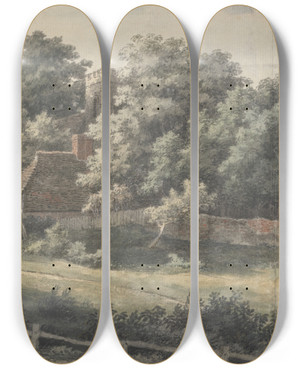 Triptych art skateboard deck of Jonathan Skelton Harbledown A Village Near Canterbury by Jonathan Skelton (1735-1759)