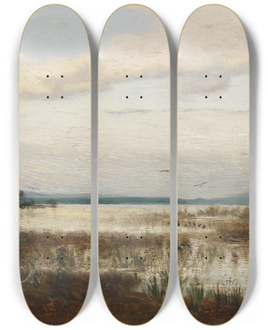 Triptych art skateboard deck of August Schaeffer Von Wienwald Partie Am Chiemsee by August Schaeffer Von Wienwald (1833-1916)