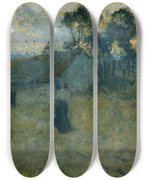 Triptych art skateboard deck of E Phillips Fox The Milking Shed by E Phillips Fox (1865-1915)