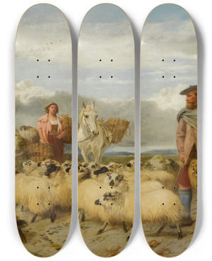 Triptych art skateboard deck of Richard Ansdell Gathering The Flock by Richard Ansdell (1815-1885)