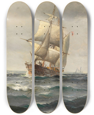 Triptych art skateboard deck of Vilhelm Bille Segelschiffe Vor Kopenhagen by Vilhelm Bille (1864-1908)