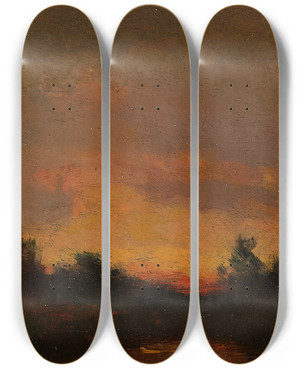 Triptych art skateboard deck of Thodore Rousseau Landscape With Sunset by Theodore Rousseau (1812-1867)