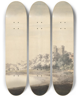 Triptych art skateboard deck of Jonathan Skelton The Bridge And Castle At Rochester by Jonathan Skelton (1735-1759)