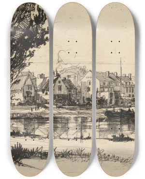 Triptych art skateboard deck of Francis Seymour Haden Fulham_2 by Francis Seymour Haden (1818-1910)