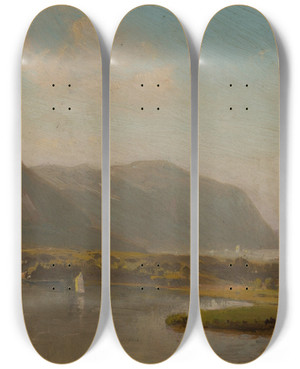 Triptych art skateboard deck of Hermann Fuechsel Hudson River Above West Point by Hermann Fuechsel (1833-1915)