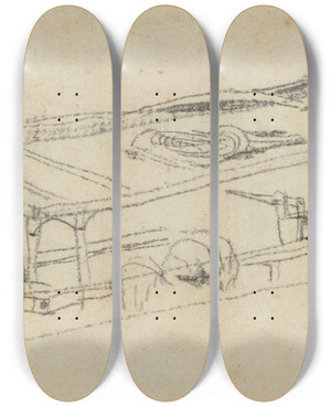 Triptych art skateboard deck of Charles Meryon Study For Le Petit Pont by Charles Meryon (1821-1868)