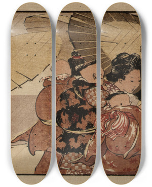 Triptych art skateboard deck of Helen Hyde A Summer Shower by Helen Hyde (1868-1919)