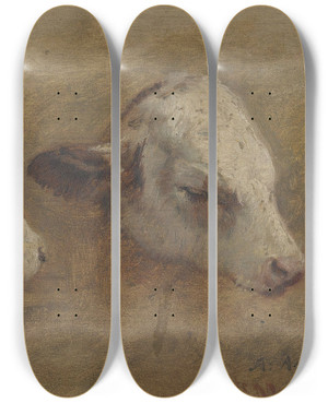 Triptych art skateboard deck of Anders Askevold Study Of Calfheads by Anders Askevold (1834-1900)