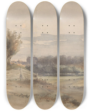 Triptych art skateboard deck of Johan Hendrik Weissenbruch Panoramisch Landschap by Johan Hendrik Weissenbruch (1824-1903)
