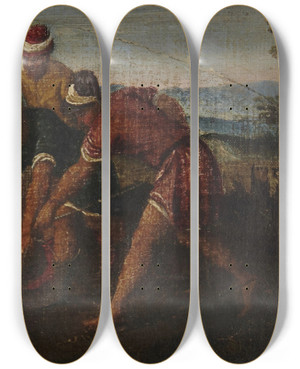 Triptych art skateboard deck of Bonifacio Veronese Joseph Lowered Into The Well by Bonifacio Veronese (1487-1553)