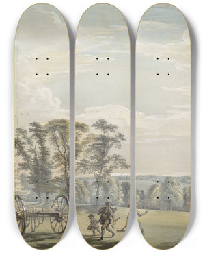 Triptych art skateboard deck of Paul Sandby Dawn In Luton Park by Paul Sandby (1731-1809)