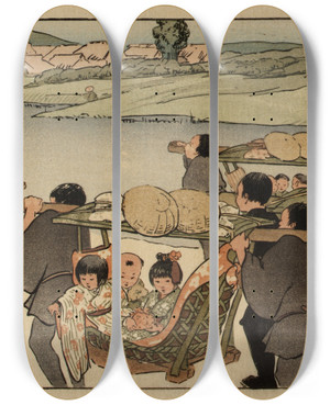 Triptych art skateboard deck of Helen Hyde Going To The Fair by Helen Hyde (1868-1919)