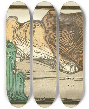 Triptych art skateboard deck of Bernard Willem Wierink Liggende Leeuw Bij Drie Cactussen by Bernard Willem Wierink (1856-1939)