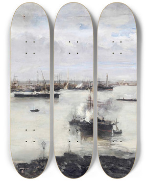 Triptych art skateboard deck of Pompeo Mariani Il Porto Di Genova by Pompeo Mariani (1857-1927)