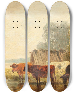 Triptych art skateboard deck of Friedrich Voltz Rinderherde Am Wasser by Friedrich Voltz (1817-1886)