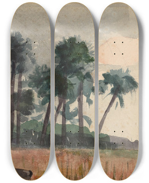 Triptych art skateboard deck of Winslow Homer Palm Trees Red by Winslow Homer (1836-1910)