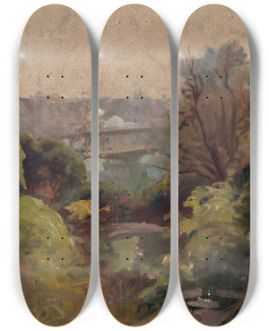 Triptych art skateboard deck of Adolpheernest Gumery La Tour Eiffel Vue Du Jardin Delessert by Adolphe Ernest Gumery (1861-1943)