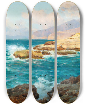 Triptych art skateboard deck of Bernardo Hay Sailing Ship By The Capri Coast by Bernardo Hay (1864-1931)