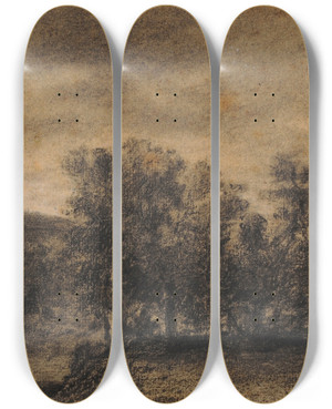 Triptych art skateboard deck of Thodore Rousseau Paysage Bois by Theodore Rousseau (1812-1867)