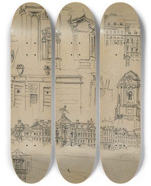 Triptych art skateboard deck of Johann Peter Krafft Panorama Josefstadt by Johann Peter Krafft (1780-1856)