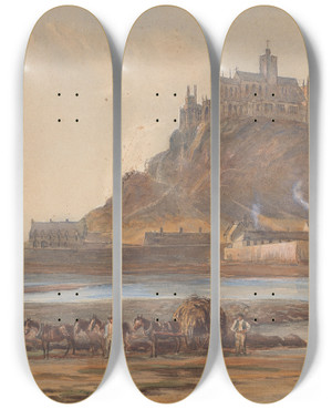 Triptych art skateboard deck of Charles Reginald Aston Mont Saintmichel by Charles Reginald Aston (1832-1908)
