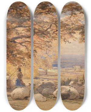 Triptych art skateboard deck of Samuel Palmer Rustic Contentment by Samuel Palmer (1805-1881)