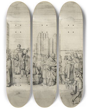 Triptych art skateboard deck of Eduard Von Steinle Die Mittelalterliche Periode by Eduard Von Steinle (1810-1886)