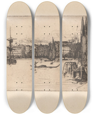 Triptych art skateboard deck of David Young Cameron Sketch Of Venice by David Young Cameron (1865-1945)