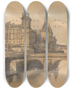 Triptych art skateboard deck of Thomas Girtin View Of Pont Au Changes by Thomas Girtin (1775-1802)