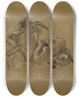 Triptych art skateboard deck of Antoinelouis Barye Python Et Gnou by Antoine-Louis Barye (1796-1875)