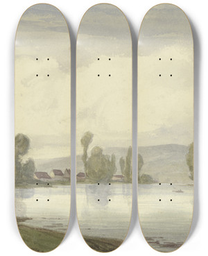 Triptych art skateboard deck of Peter Burnitz Seineufer Bei Fontainebleau by Peter Burnitz (1824-1886)